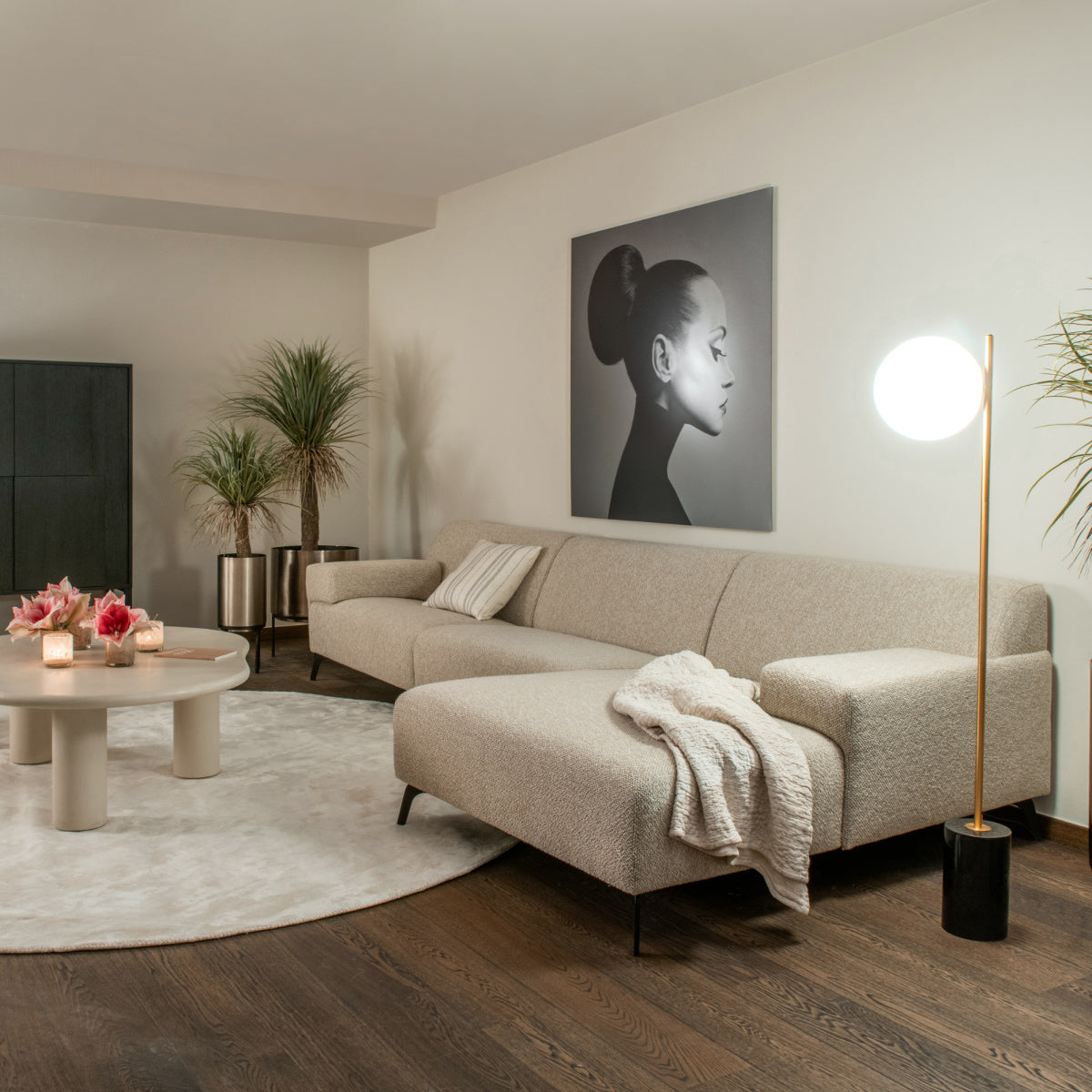 Canapé d'angle gauche en tissu beige Zena | Dôme Déco Lugano
