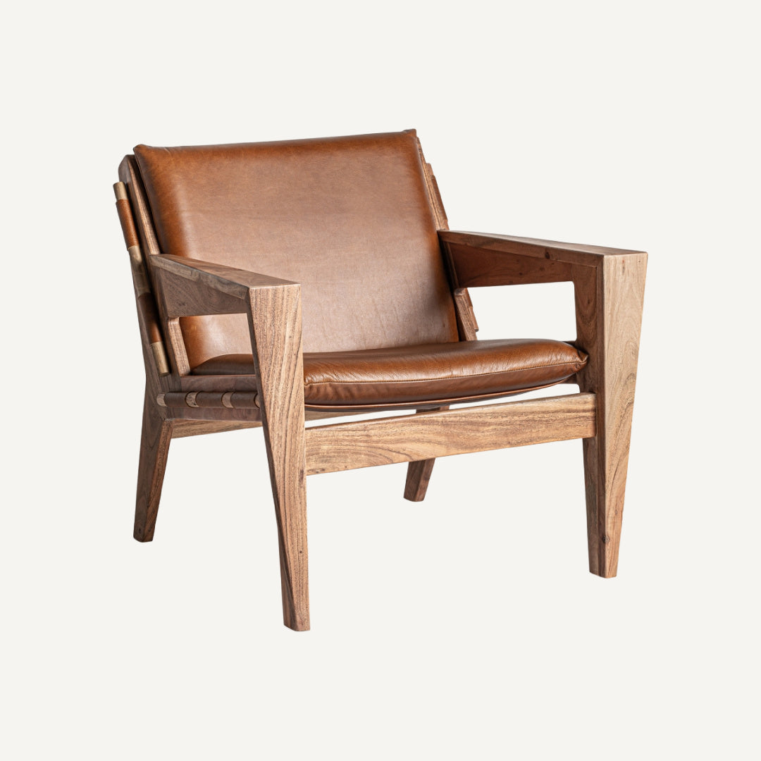 Fauteuil en cuir marron et bois d'acacia | Vical Melle
