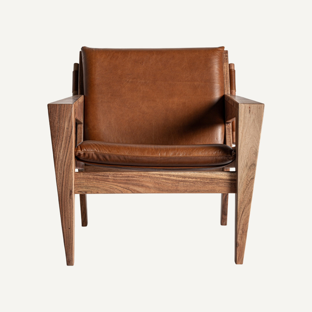 Fauteuil en cuir marron et bois d'acacia | Vical Melle