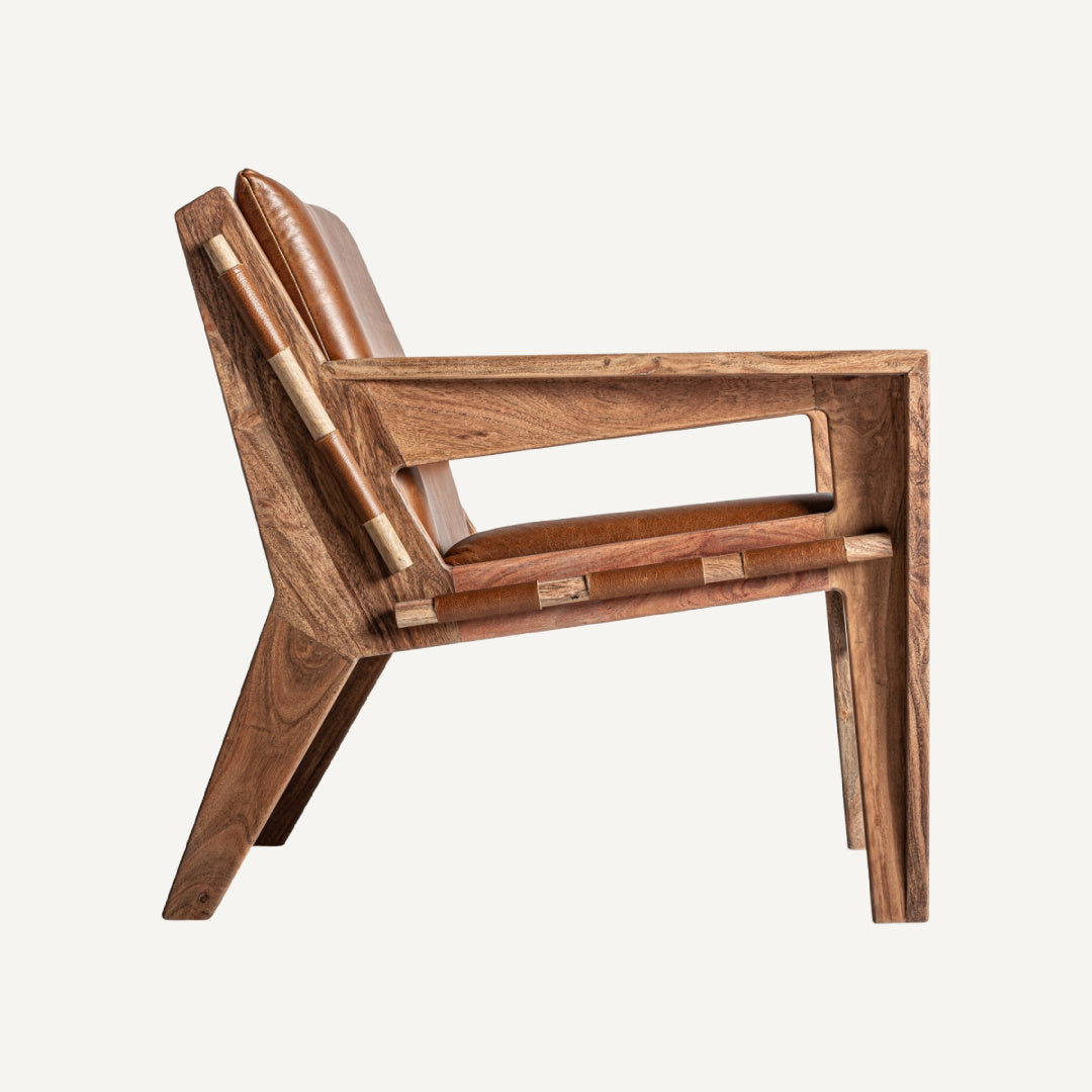 Fauteuil en cuir marron et bois d'acacia | Vical Melle